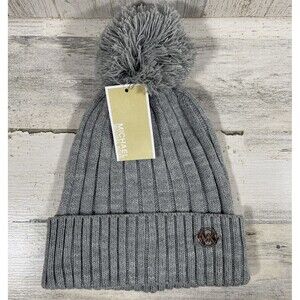 Michael Kors Women's Gray Ribbed Knit Beanie Cuffed Silver Logo Charm Pom NWT
